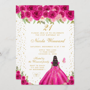 Hot Pink Floral Dark Skin Princess Birthday Party Invitation