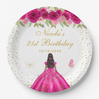Hot Pink Floral Dark Skin Princess Birthday Party Paper Plate
