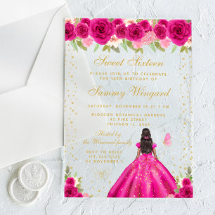 Hot Pink Floral Dark Skin Princess Sweet Sixteen Acrylic Invitations