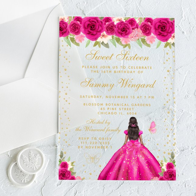 Hot Pink Floral Dark Skin Princess Sweet Sixteen Acrylic Invitations (Creator Uploaded)