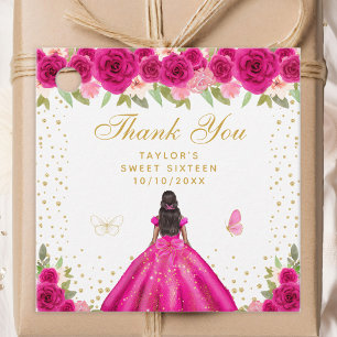 Hot Pink Floral Dark Skin Princess Sweet Sixteen Favour Tags