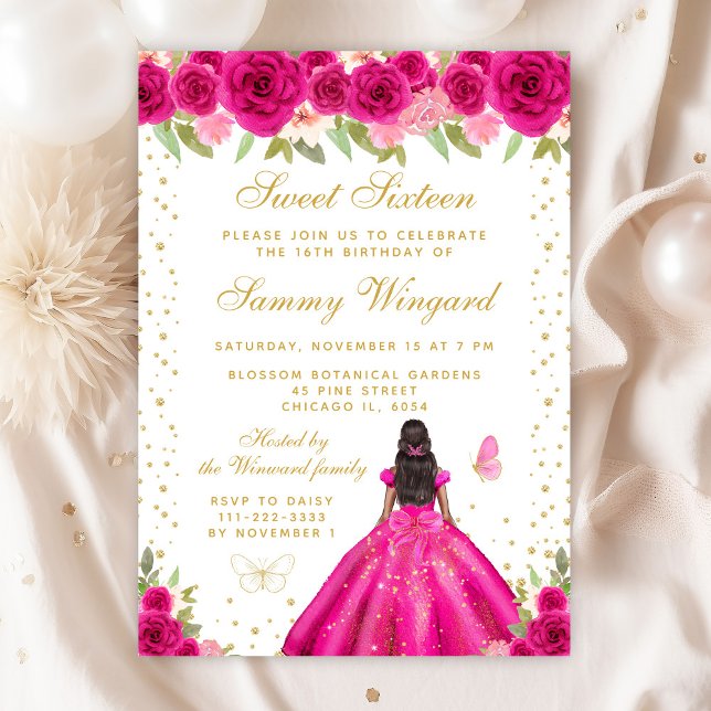 Hot Pink Floral Dark Skin Princess Sweet Sixteen Invitation (Creator Uploaded)