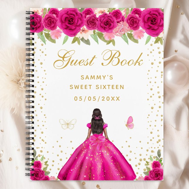 Hot Pink Floral Dark Skin Princess Sweet Sixteen Notebook (Creator Uploaded)