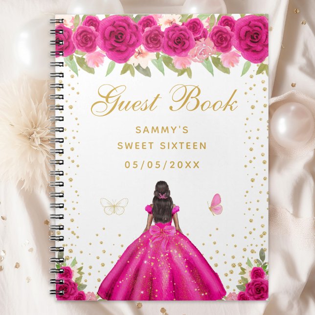 Hot Pink Floral Dark Skin Princess Sweet Sixteen Notebook (Creator Uploaded)