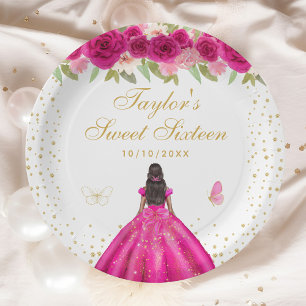 Hot Pink Floral Dark Skin Princess Sweet Sixteen Paper Plate