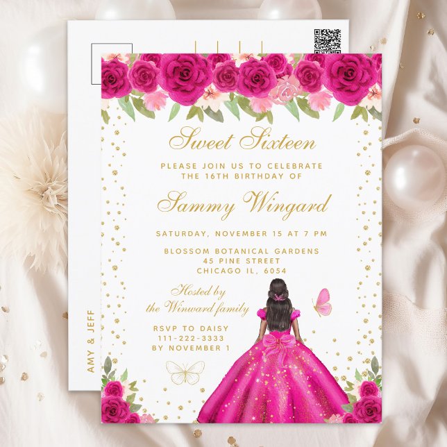 Hot Pink Floral Dark Skin Princess Sweet Sixteen Postcard (Creator Uploaded)