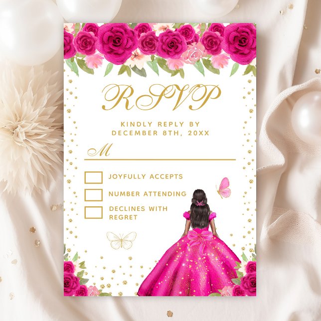 Hot Pink Floral Dark Skin Princess Sweet Sixteen RSVP Card (Creator Uploaded)