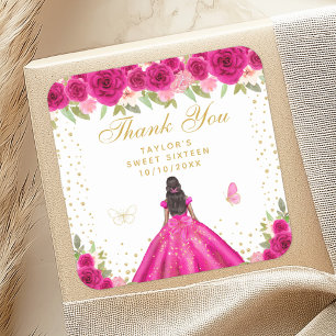 Hot Pink Floral Dark Skin Princess Sweet Sixteen Square Sticker