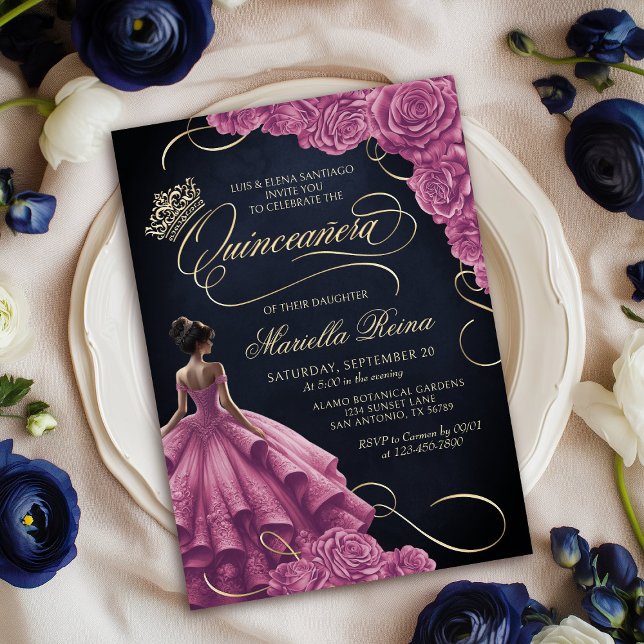 Hot Pink Floral Dress Quinceañera Invitation (Creator Uploaded)