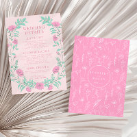 Hot pink floral elegant boho wedding details Card