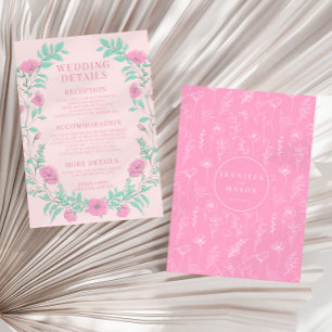 Hot pink floral elegant boho wedding details Card