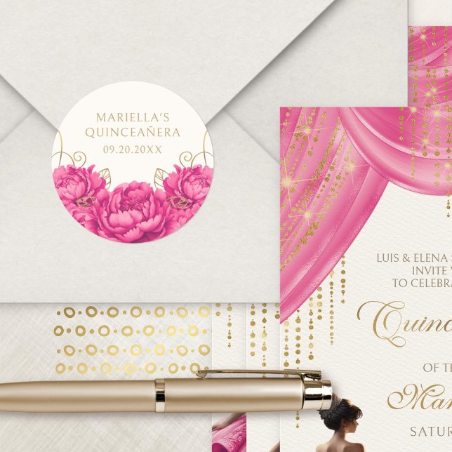 Hot Pink Floral Elegant Quinceanera Classic Round Sticker (Creator Uploaded)