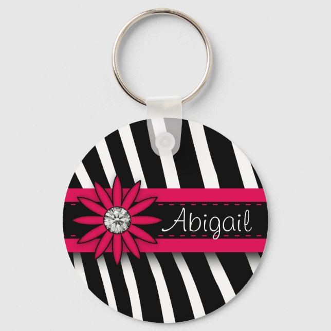 Hot Pink Floral Gem & Zebra Pattern Key Ring (Front)