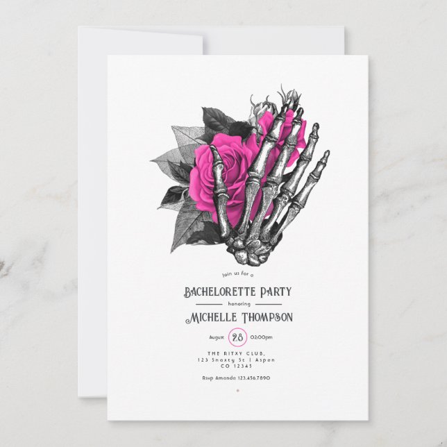 Hot-Pink Floral Gothic Skeleton Bachelorette Party Invitation (Front)