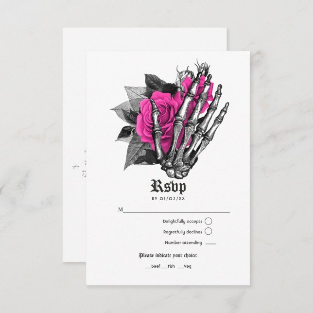 Hot-Pink Floral Gothic Wedding RSVP Card (Front/Back)