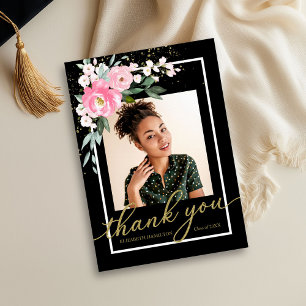 Hot Pink Floral Graduation Photo Thank You Card