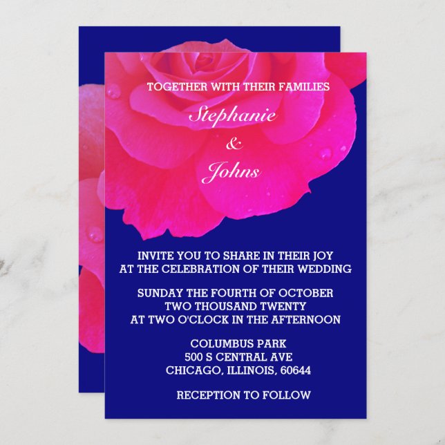 Hot Pink Floral Navy Blue Rose Flower Wedding Invitation (Front/Back)