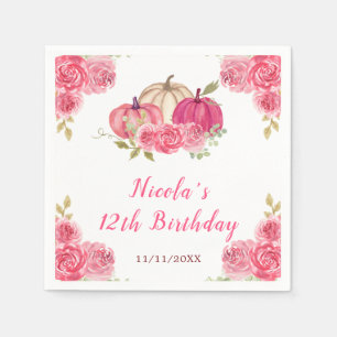 Hot Pink Floral Pumpkins Birthday Napkin