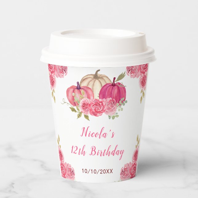 Hot Pink Floral Pumpkins Birthday Paper Cups (Front)