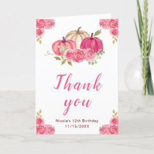 Hot Pink Floral Pumpkins Birthday Thank You Card