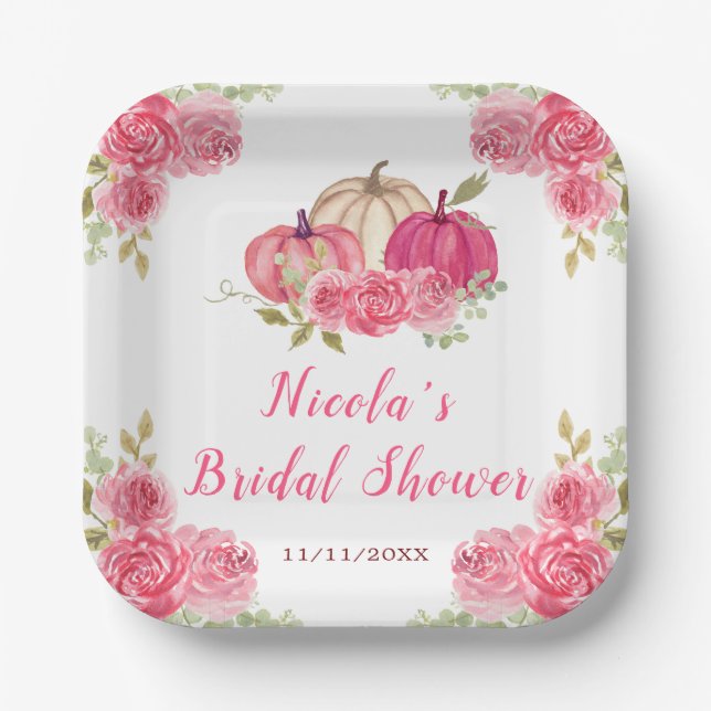 Hot Pink Floral Pumpkins Bridal Shower Paper Plate (Front)