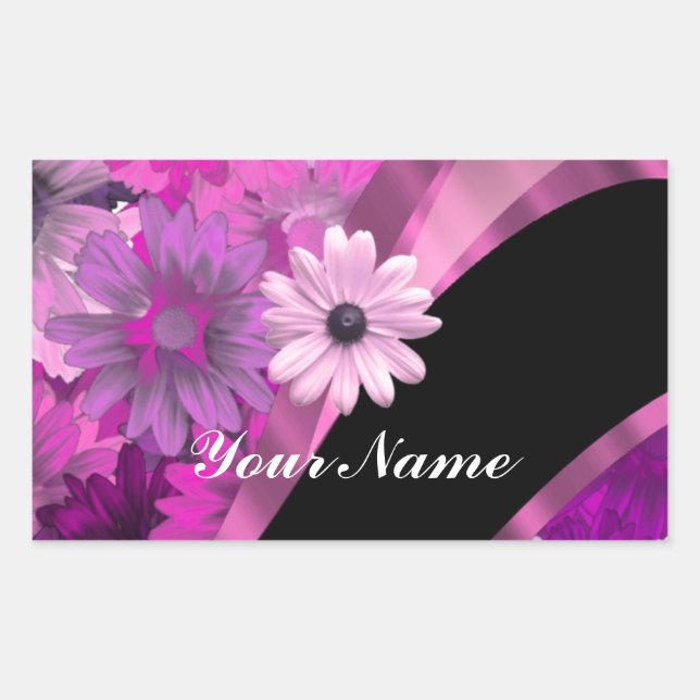 Hot pink floral rectangular sticker (Front)