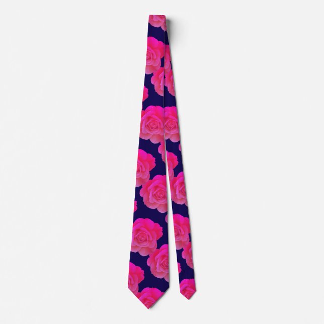 Hot Pink Floral Rose Flowers Navy Blue Gift Favour Tie (Front)