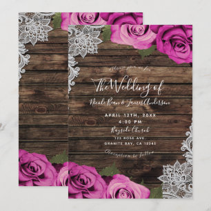 Hot Pink Floral Roses Rustic Wood & Lace Wedding Invitation