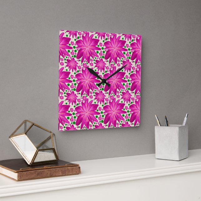 Hot Pink Floral Seamless Pattern Square Wall Clock (Office)