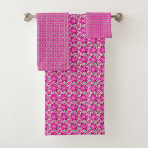 Hot Pink floral seamless pattern with polka dots Bath Towel Set