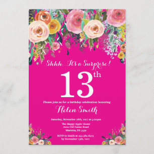 Hot Pink Floral Surprise 13th Birthday Invitation