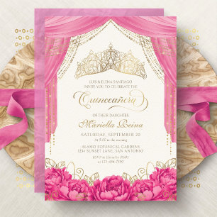 Hot Pink Floral Tiara Girly Quinceanera Invitation