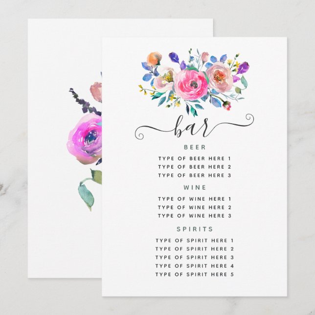 Hot-Pink Floral Vintage Wedding Bar Menu (Front/Back)