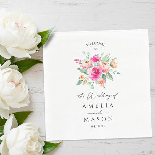 Hot Pink Floral Watercolor Wedding  Napkin