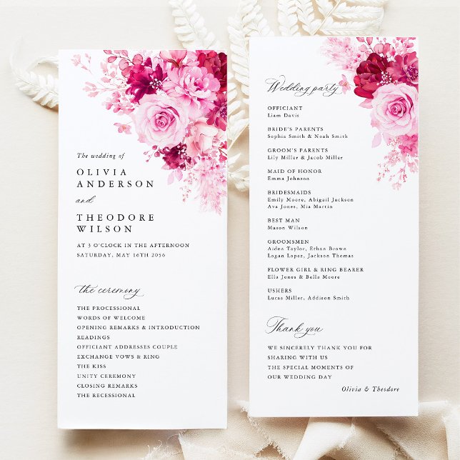Hot Pink Floral Wedding Ceremony Programme (Hot Pink Floral Wedding Program, Elegant Garden Ceremony Program Wedding Party Order of Service Card)