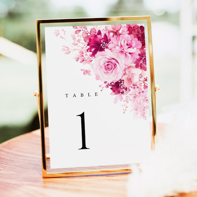 Hot Pink Floral Wedding Table Numbers (Hot Pink Floral Wedding Table Numbers, Elegant Fuchsia Rose Reception Table Number Card, Gold Decor)