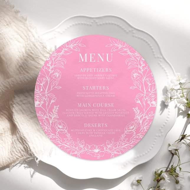 Hot pink floral wreath retro round Menu Card Plate (Creator Uploaded)