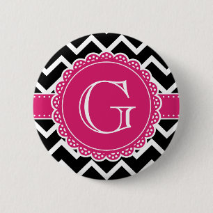 Hot Pink Flower Monogram Black Chevron 6 Cm Round Badge