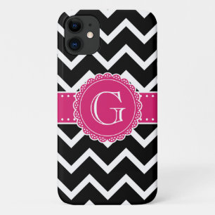 Hot Pink Flower Monogram Black Chevron Case-Mate iPhone Case