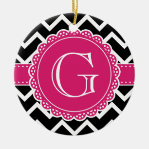 Hot Pink Flower Monogram Black Chevron Ceramic Tree Decoration