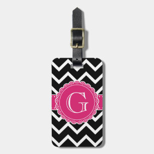 Hot Pink Flower Monogram Black Chevron Luggage Tag