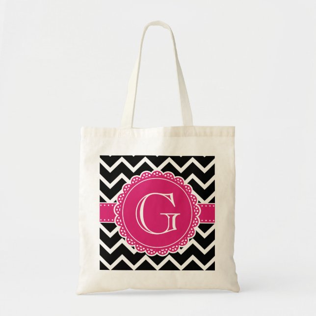 Hot Pink Flower Monogram Black Chevron Tote Bag (Front)