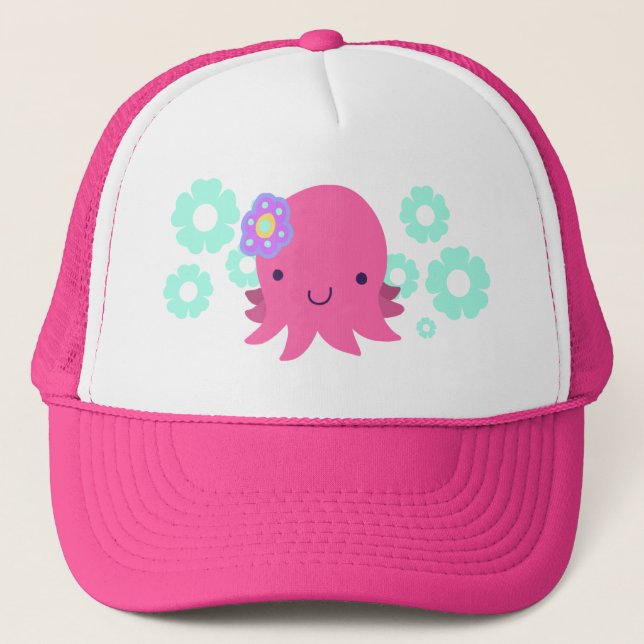 Hot Pink Flower Octopus Trucker Hat (Front)