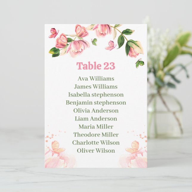 hot pink flowers butterflies seating chart card (Standing Front)