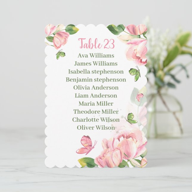 hot pink flowers butterflies seating chart card (Standing Front)