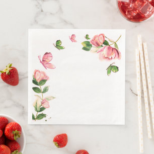 hot pink flowers green leaves butterflies  napkin