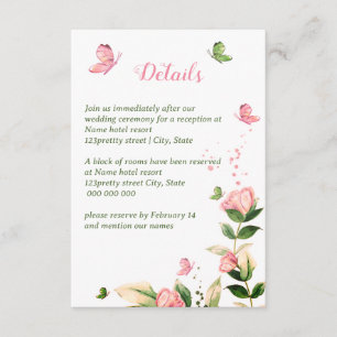 Hot pink flowers green leaves butterflies wedding enclosure card