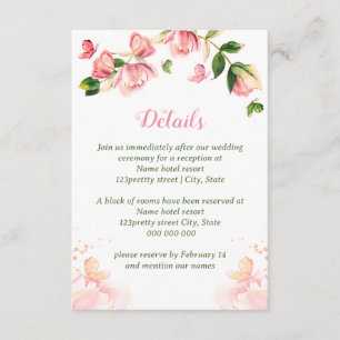 Hot pink flowers green leaves butterflies wedding enclosure card