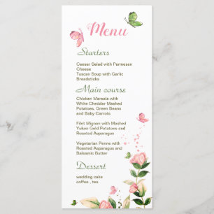 Hot pink flowers green leaves butterflies wedding menu