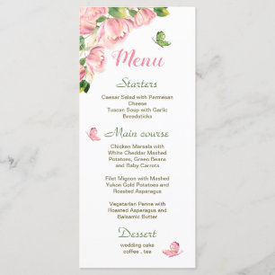 Hot pink flowers green leaves butterflies wedding  menu